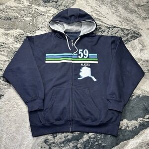Y2K Logo Alaska Thick Hoodie Zip Up Mens XL Embroidered Blue & White